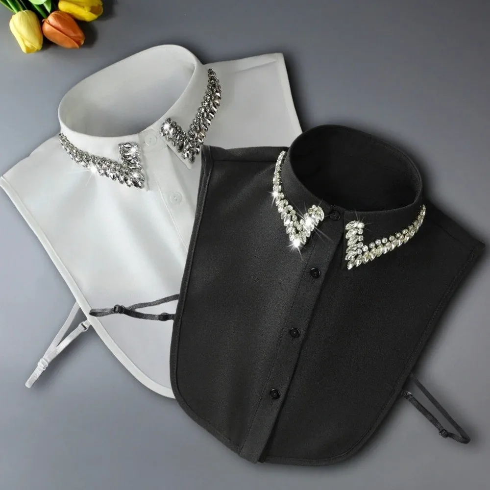 White Chiffon Fake Collar Handmade Beaded Decoration Rhinestone Decoration Chiffon Fake Collar Lapel Style Button Detail