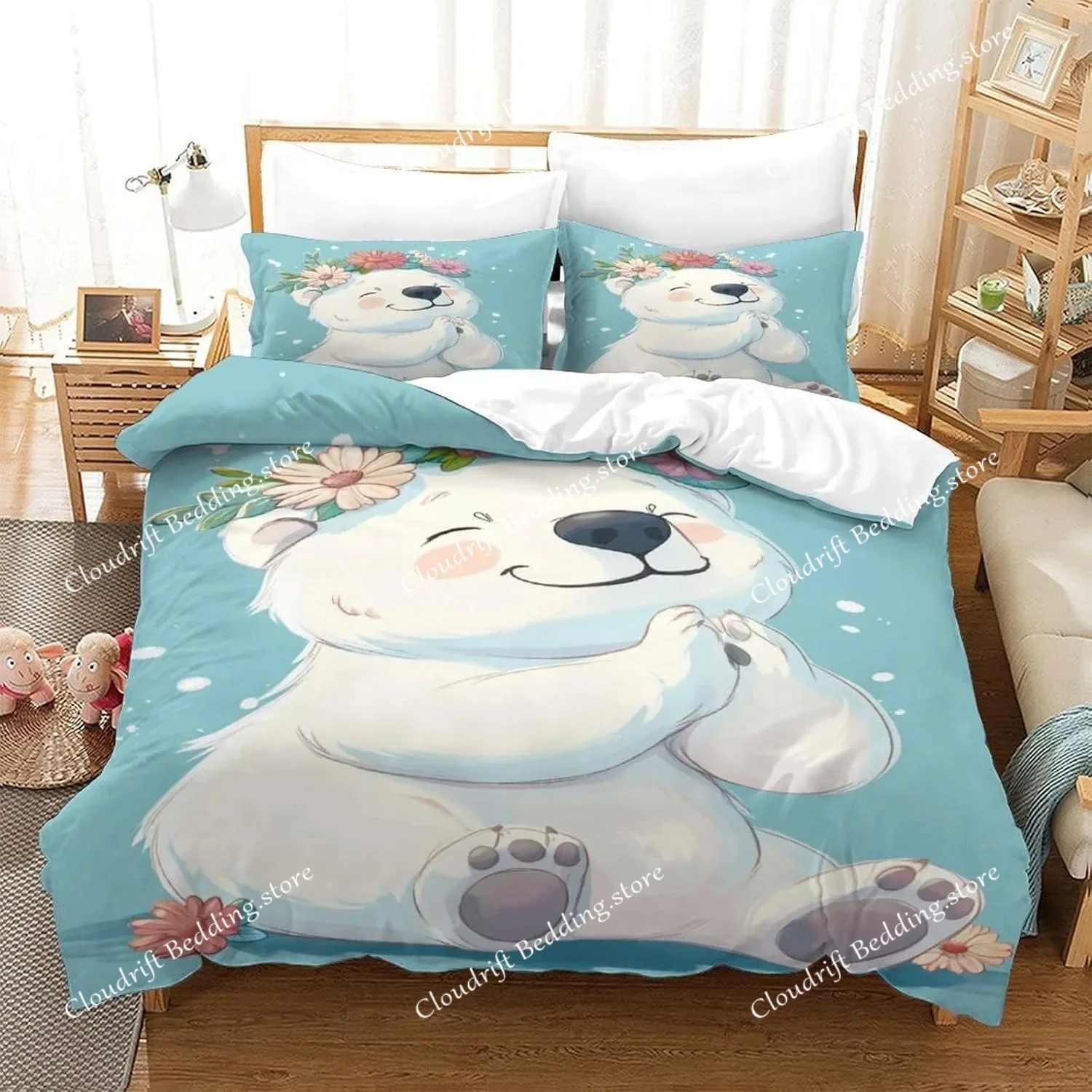 Polar Bear Bed Set Children's 3D Ice Cream Snow Quilt Set Printed Bedding Set Microfiber Boys and Girls Adult Soft with Zipper a