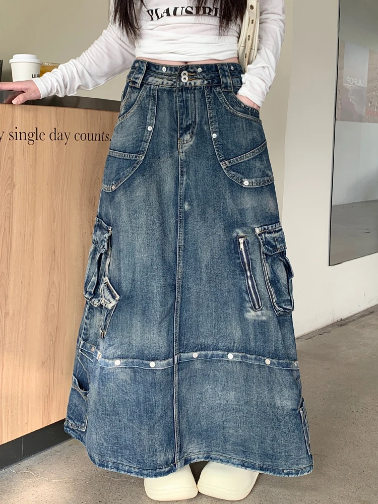 

Vintage Washed Denim Skirts Loose Casual High Waist Long Skirts Pocket Zipper Jean Skirts Women High Fashion Saias Mujer