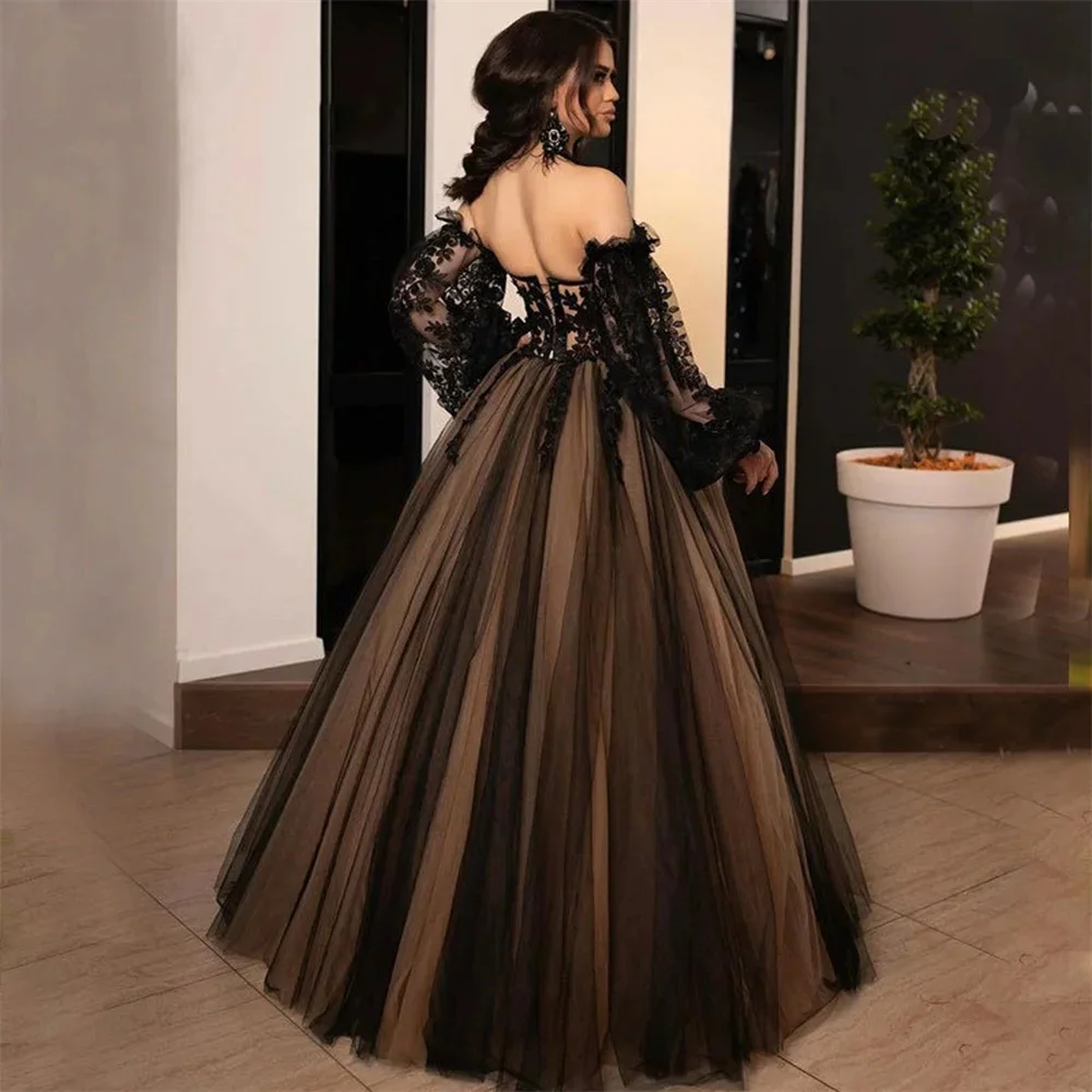 Formal Off Shoulder A-line Evening Dress Black Lace Embroidered Ball Dress Off Shoulder Fluffy Party Dress