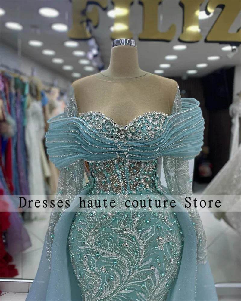 Sky Blue Arabic Crystals Mermaid Evening Dresses 2024 Glitter Detachable Train Pearls Wedding Party Dress Prom Dress