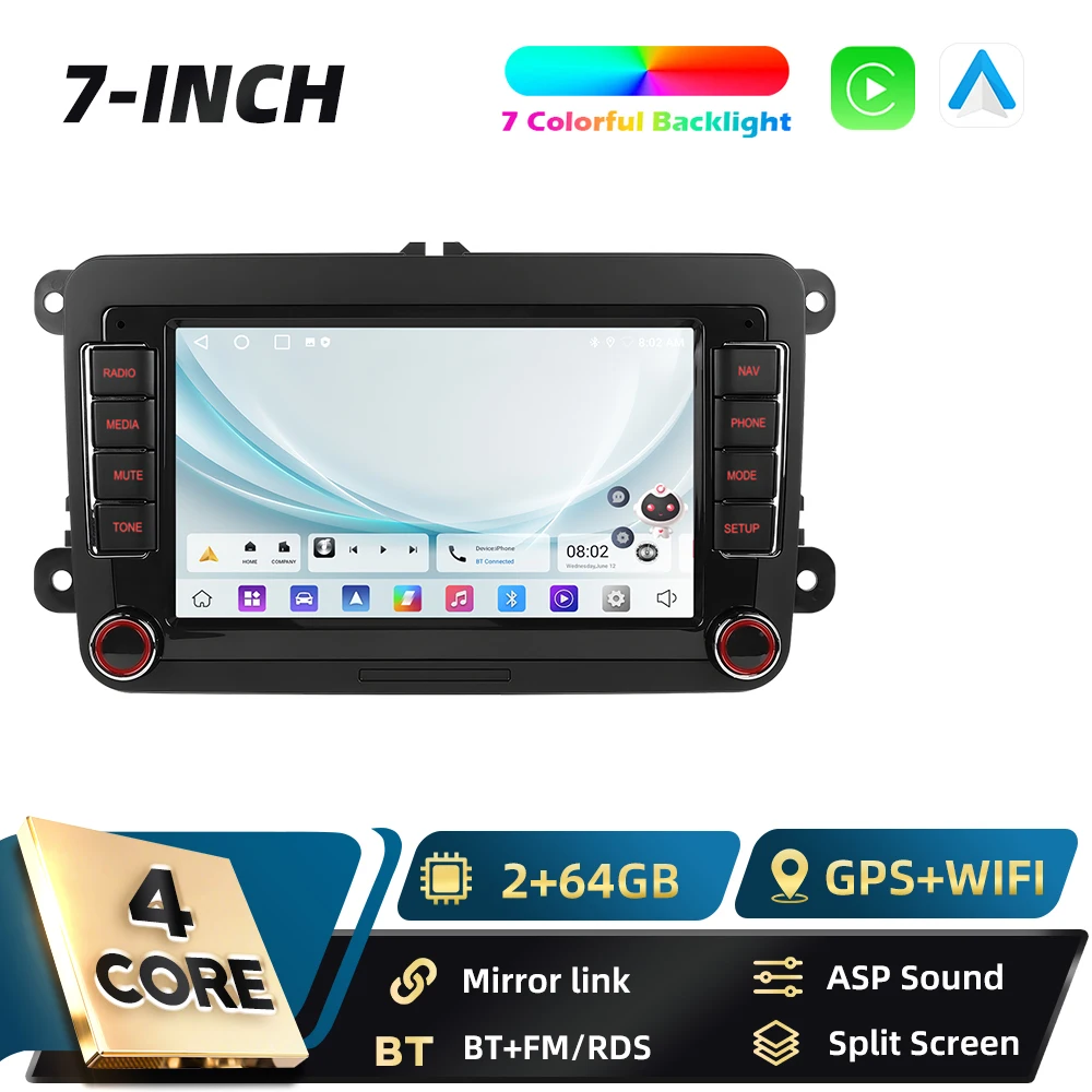Podofo 7-Zoll Android 2Din Autoradio für VW POLO Seat Altea JATTA PASSAT GOLF mit Carplay, Android Auto, GPS-Navigation, DSP, BT, FM, RDS