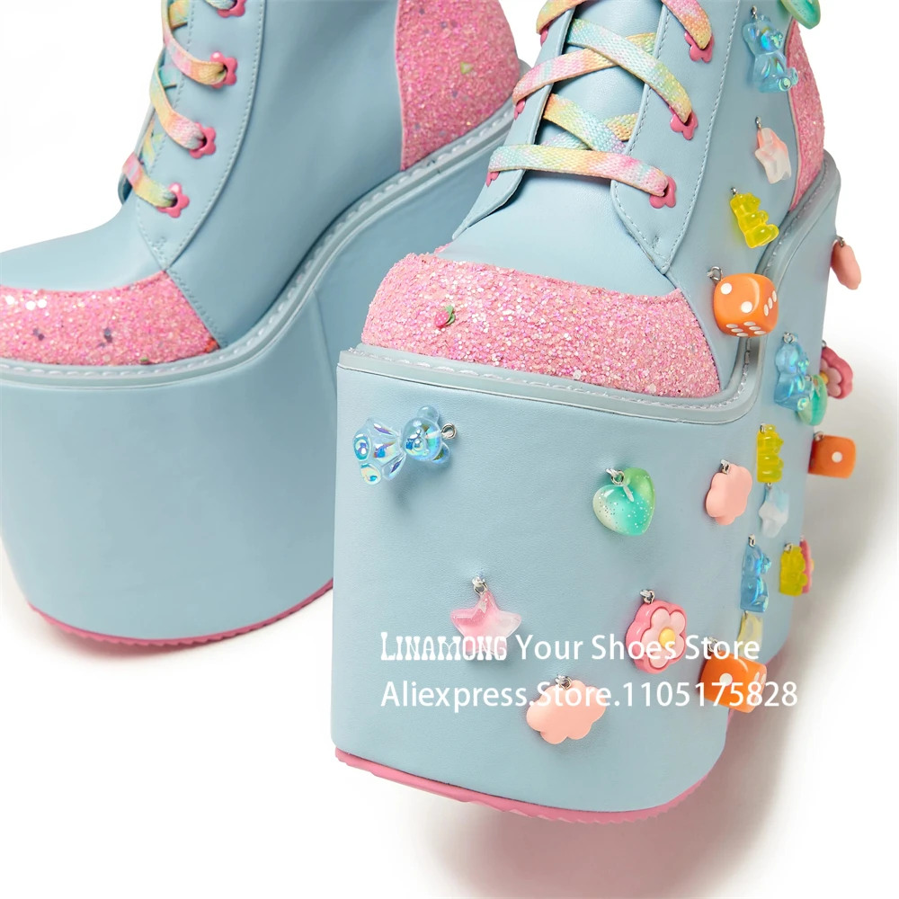 الباستيل الأزرق برج منصات حذاء من الجلد بريق الوردي لوحات الترا عالية مكدسة وحيد الجوارب كامل على مبعثر من السحر Y2k الأحذية