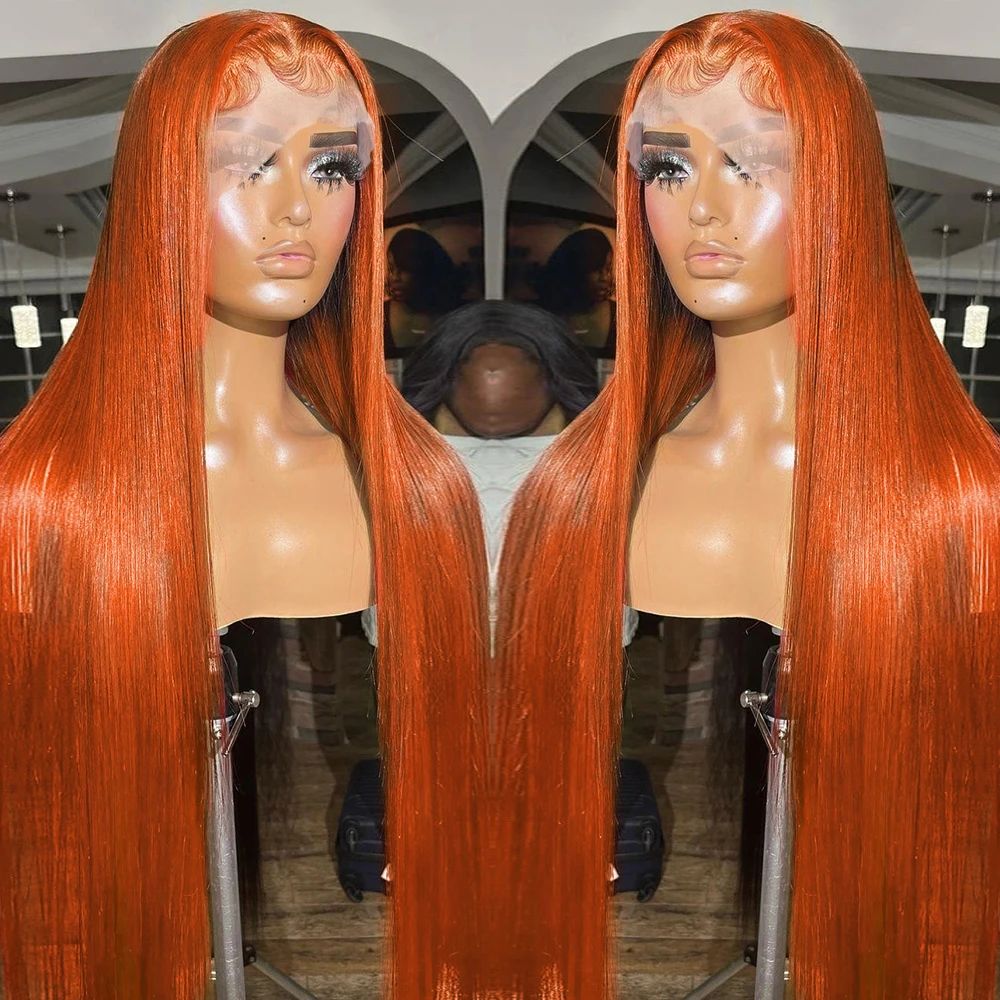 Straight Ginger Lace Wig para menina, cabelo humano laranja, colorido, 350