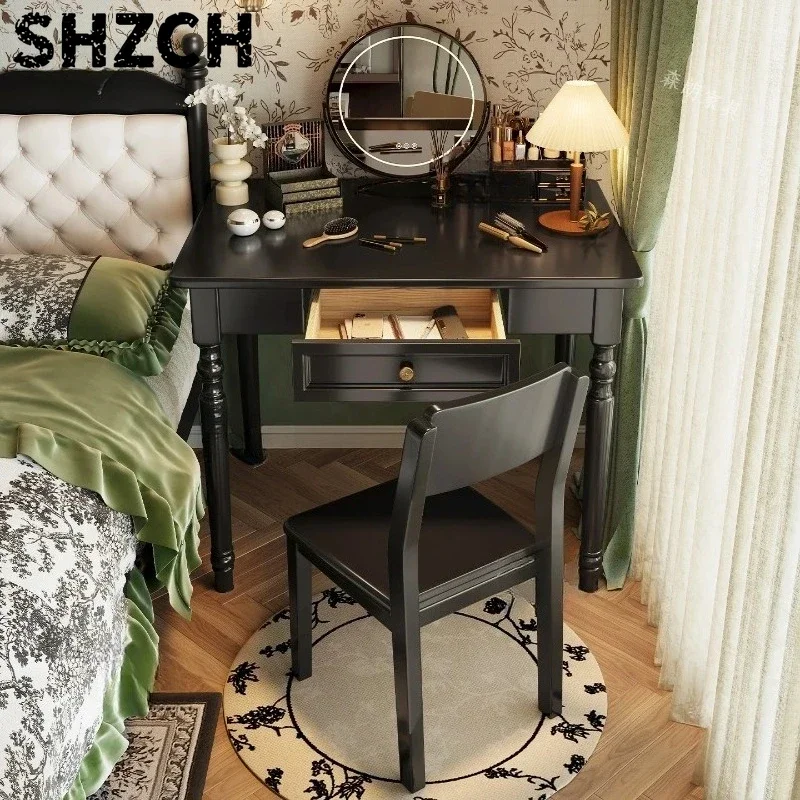 ‌French Vintage Makeup Desk - American Style Solid Wood Computer Table with Drawer Space-Saving Bedside Organizer