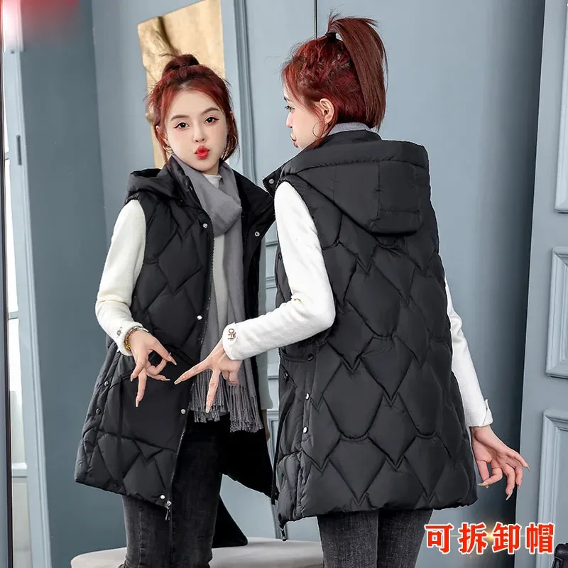 Winter Women Down Cotton Vest Removable Hooded Sleeveless Jacket Coat Mid Long Vest Outerwear Female Waistcoat Chaleco Mujer