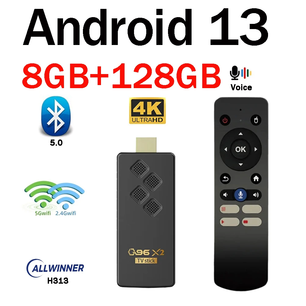 

Q96 X2 ATV Stick 8GB 128GB BT5.0 Dual WiFi 4G 5G Android 13 Smart TV-приставка с поддержкой 4K HD, голосового управления, Allwinner H313 Quad Core, IPTV