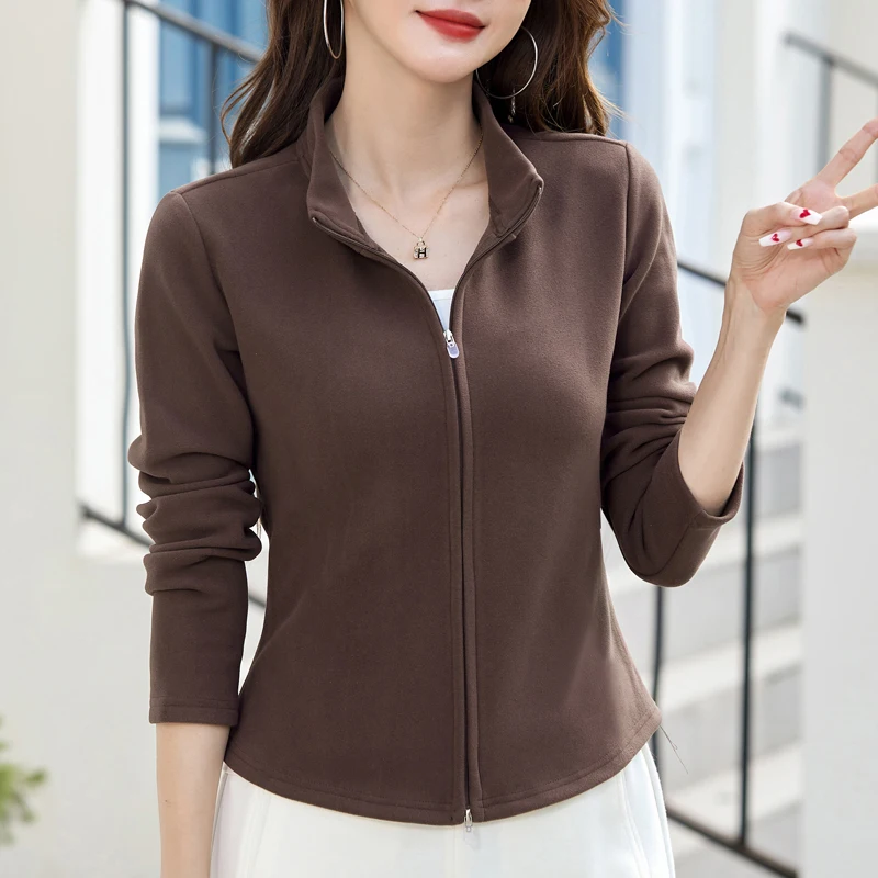 

2025 autumn winter solid zipper jacket women korean slim temperament casual Velvet y2k top short coats Women's baseball jackets