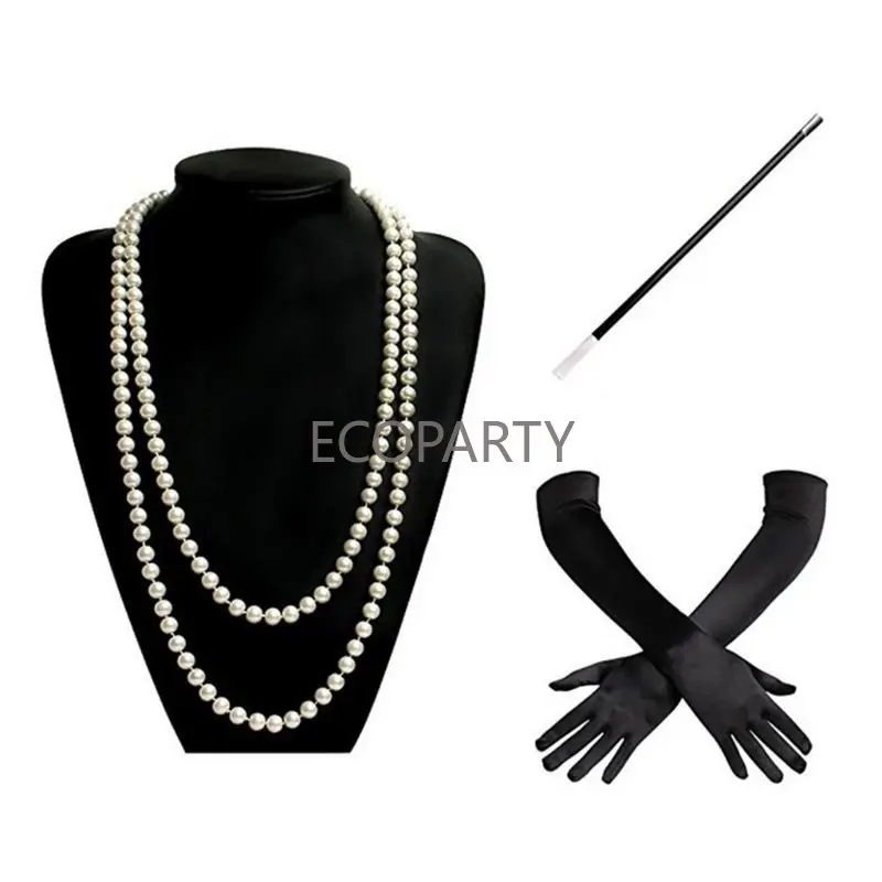 

1920s Charleston Flapper Girl Costume Set Fancy Dress Imitation Pearl Bead Necklace Long Black Gloves Cigarette Holder for Women