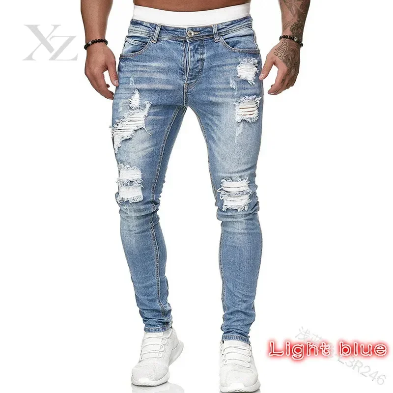 Men Jeans Knee Hole Ripped Stretch Skinny Denim Pants Slim Fit Trousers Hip-Hop Style Solid Color Black Blue Autumn Summer S-4XL