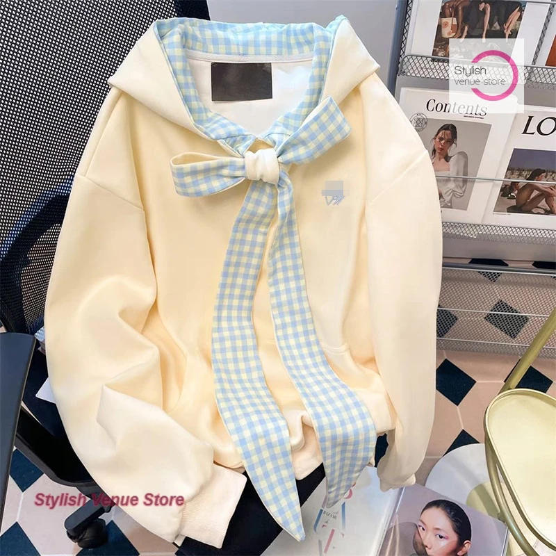 

Korean style sweet bow plaid strap plus velvet hooded coat sweater women's autumn and winter new college Joker casual top
