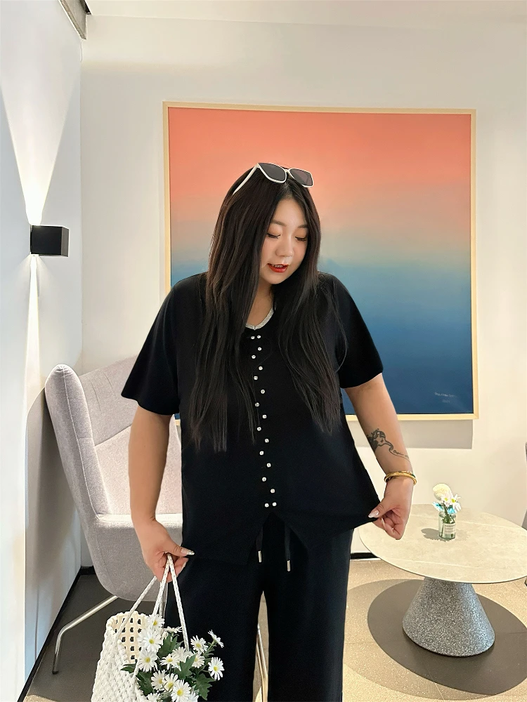 

Новый летний комплект: свободные повседневные брюки с широкими штанинами и топ с V-образным вырезом, спортивный стиль, большие размеры, женские, с высокой талией, длинные брюки