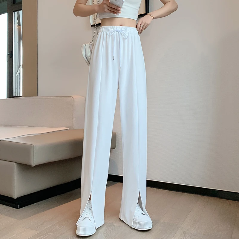 M-5XL Women Wide Leg Pants 2022 Summer Thin Elastic Waist Loose Straight Trousers Female Casual Slit Pants