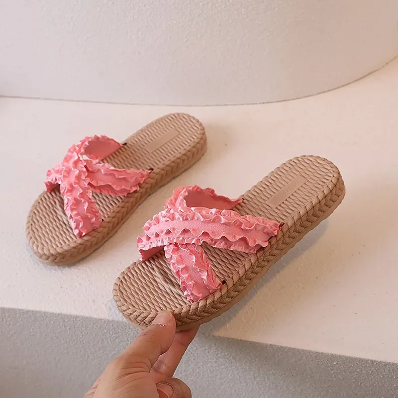 

Children Slippers for Little Girl 2024 Summer New Knitted Cross Strap Bohemian Princess Shoes Trend Soft Comfortable Outside