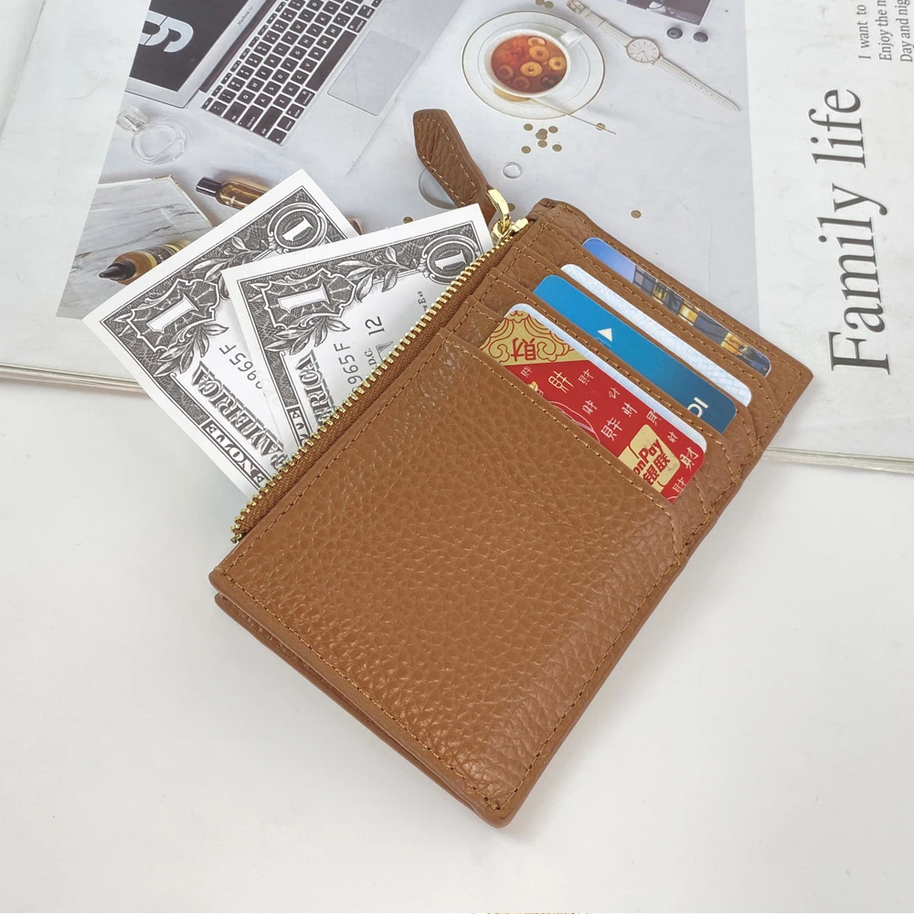 Customized name genuine leather simple multi-slot card case, portable top layer cowhide ID bag, soft leather zipper coin purse