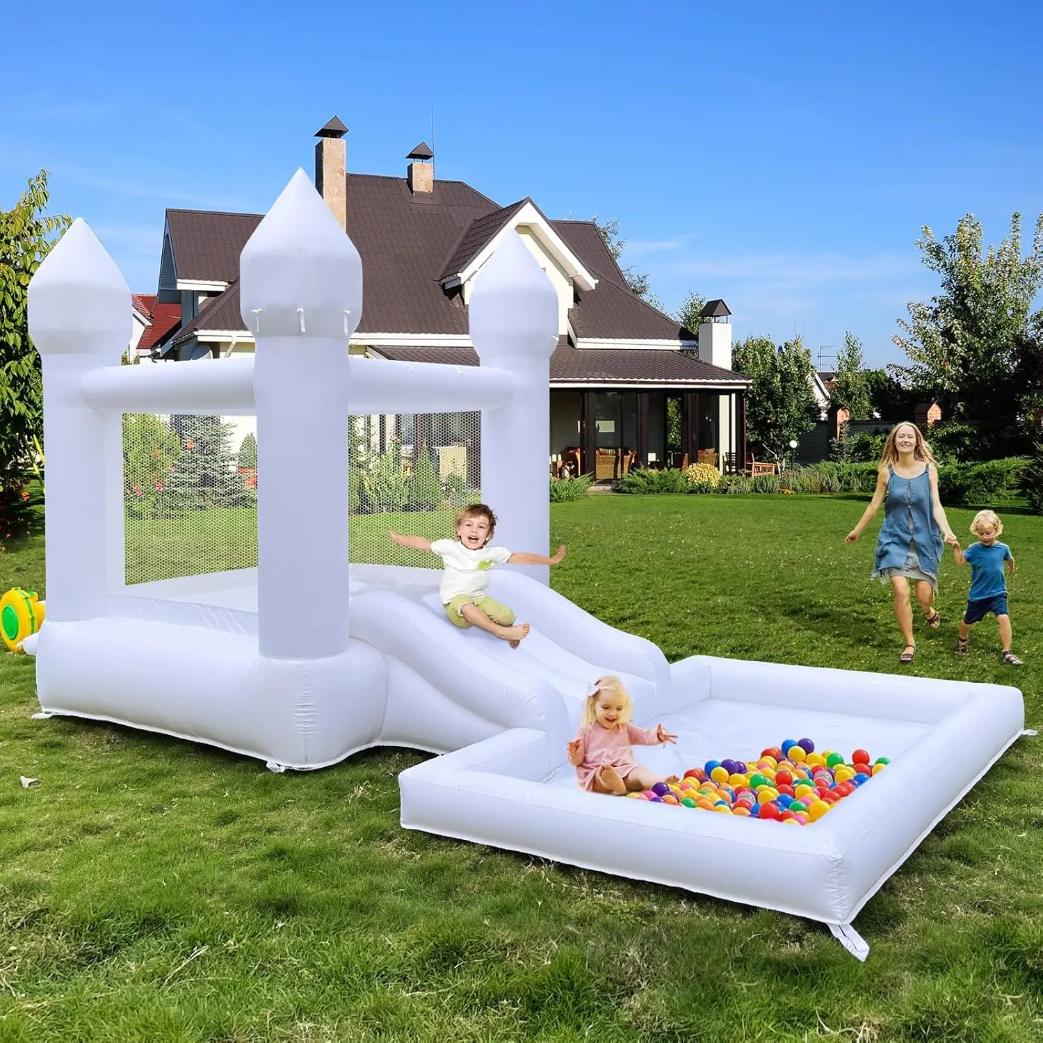 

Kids Birthday Gift 9ft White Bounce House With Slide And Ball Pit Party Customization Inflatable Mini Bouncy Castle With Blower