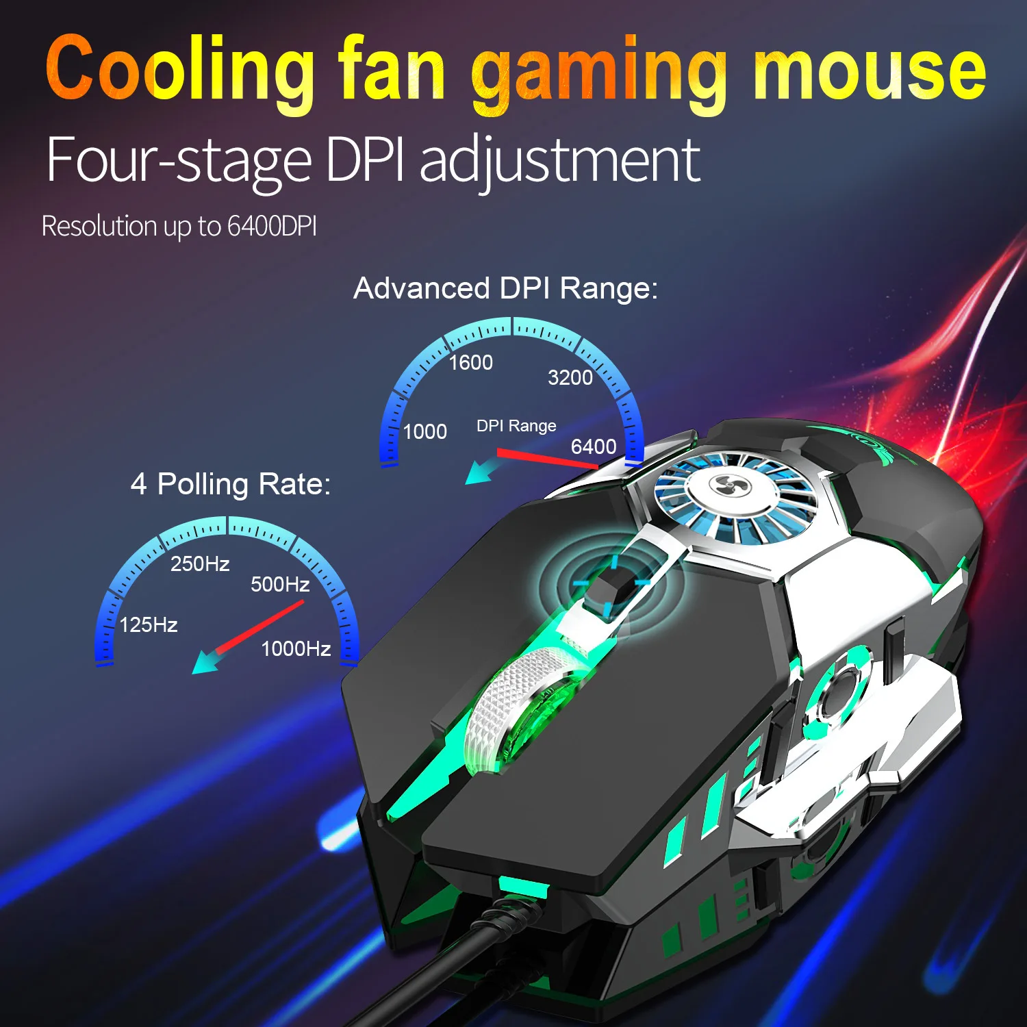 Wired Game Mouse With Fan Blow Away Hand Sweat RGB Backlight Firepower Key 7200DPI Adjustable Play Game Fan Mause Palmar Player