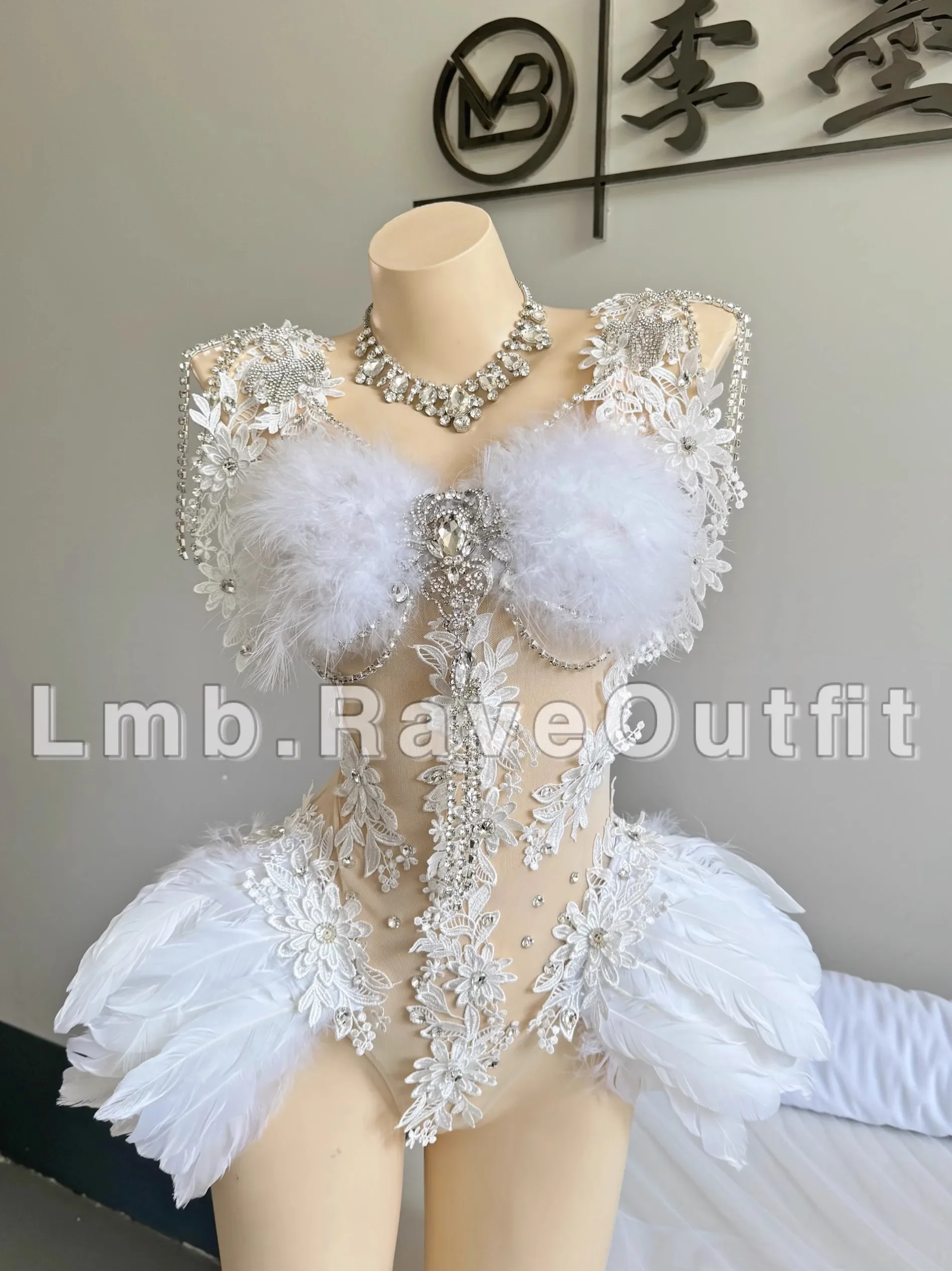 Sexy Bikini Feather Bodysuit Luxury Diamond Shining Beading Pearl Tassel Necklace Outfits Pole Dance Singer Stage Show Costume