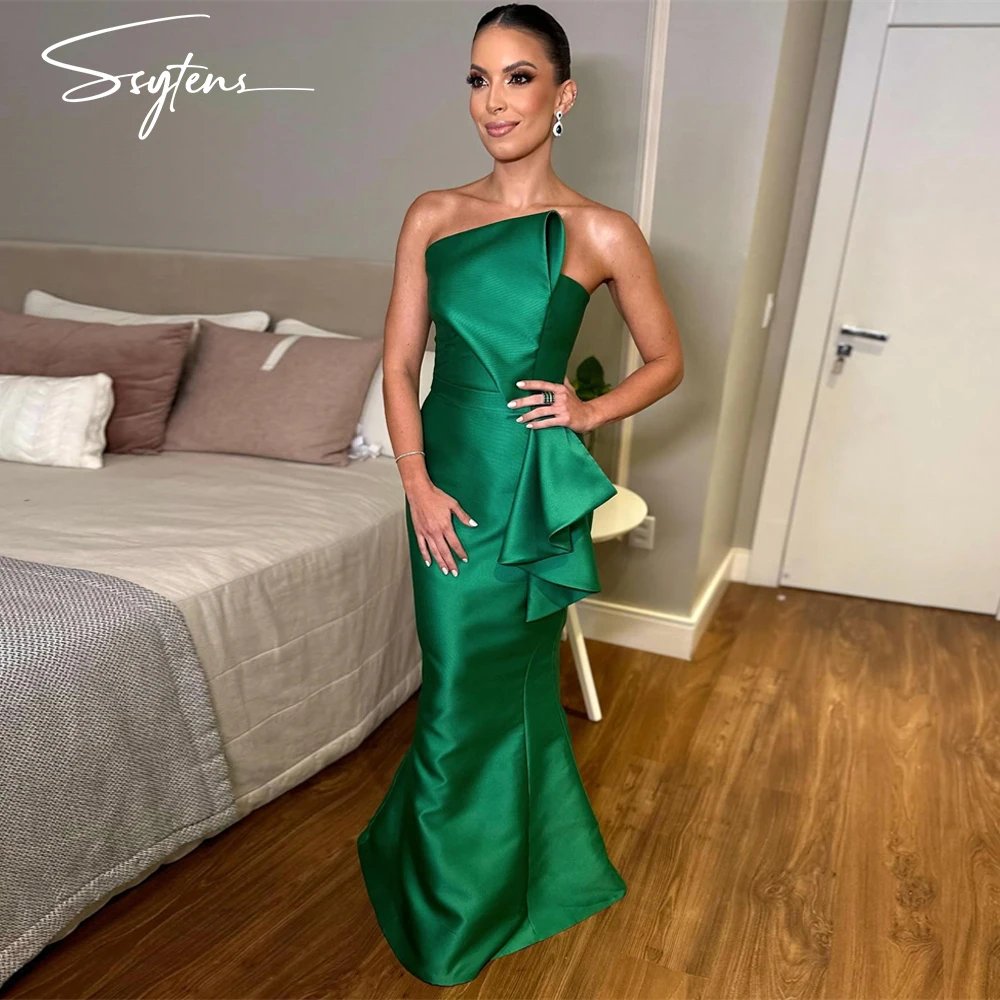 Elegant Green Dubai Women Strapless Evening Party Dress Satin Ruched Ruffles Wedding Prom Gown Formal Vestidos Celebrity Dresses