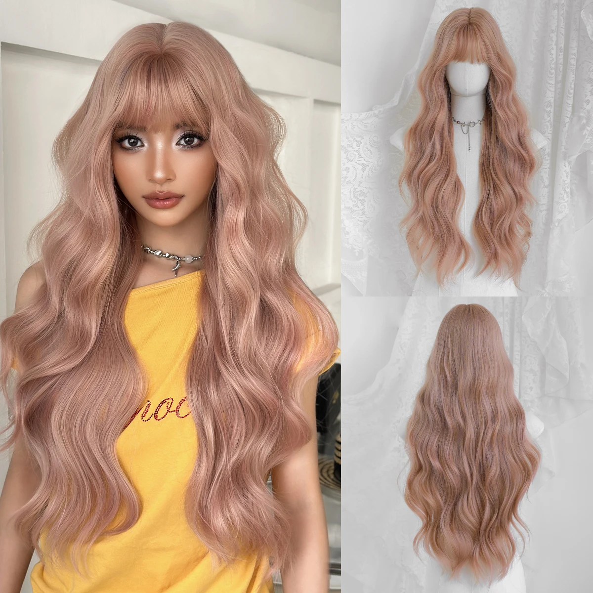 7JHH WIGS Lange Wasserwellen-Perücke in Orange-Rosa für Frauen, Synthetische Hitzebeständige Modische Perücke mit Gepflegtem Pony