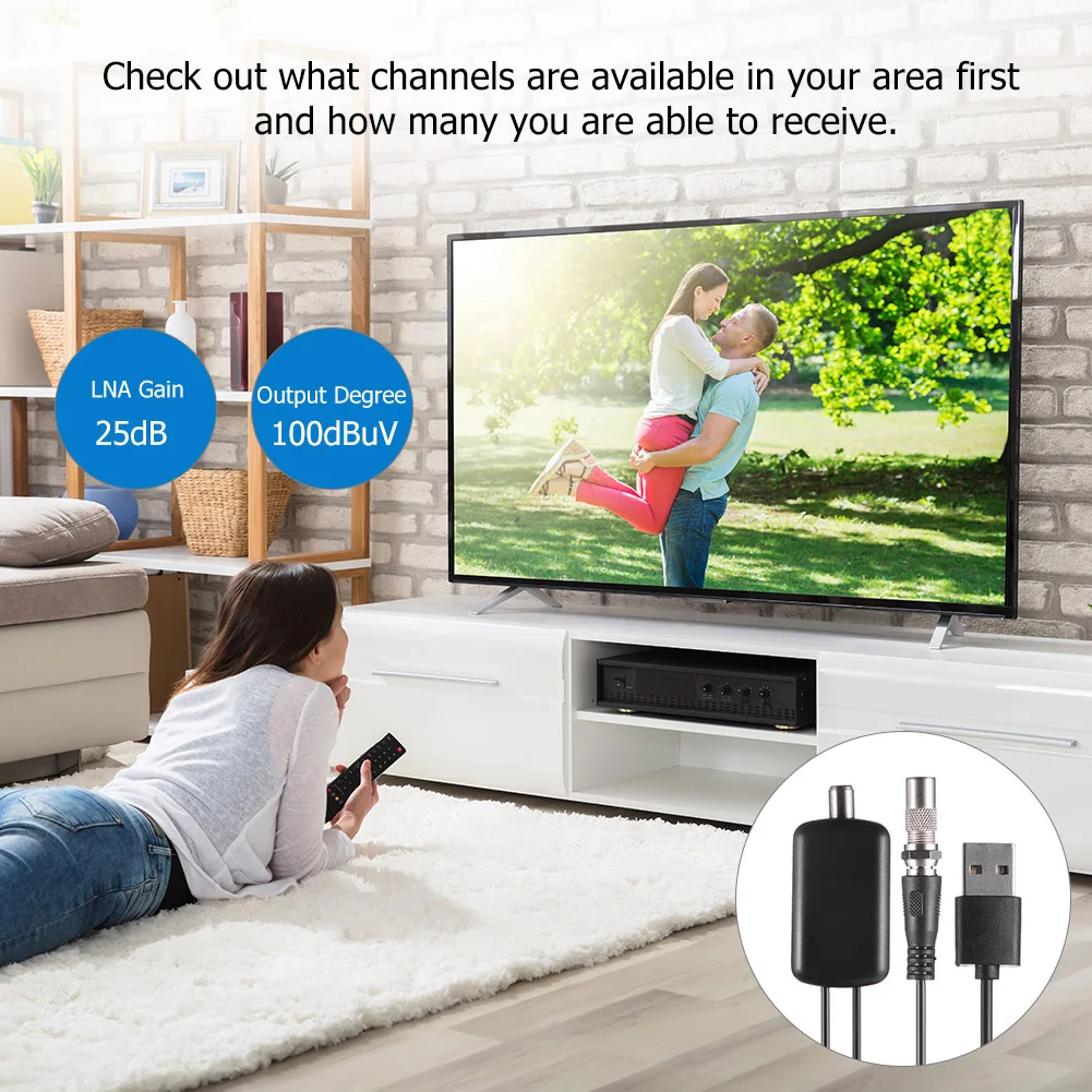 เครื่องขยายสัญญาณ HDTV ระดับมืออาชีพ เสาอากาศทีวีดิจิตอล HD สำหรับใช้ภายในอาคาร ติดตั้งง่าย กำลังขยายสูง 25dB พร้อมแหล่งจ่ายไฟ USB