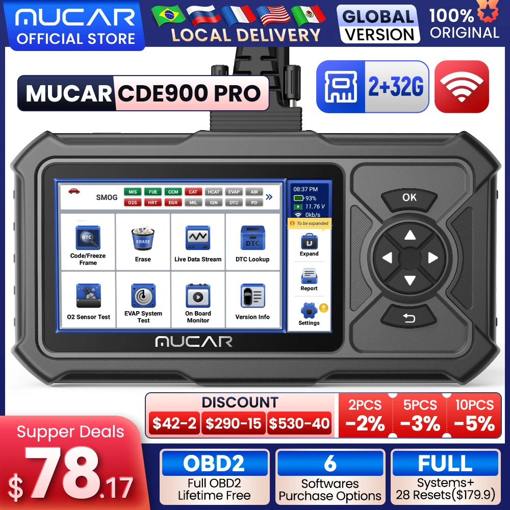 MUCAR CDE900 PRO OBD2 Diagnostic Tool With 4 System Diagnostics ECM TCM ABS SRS Automotive Scanner Car Code Reader OBD 2 Scanner