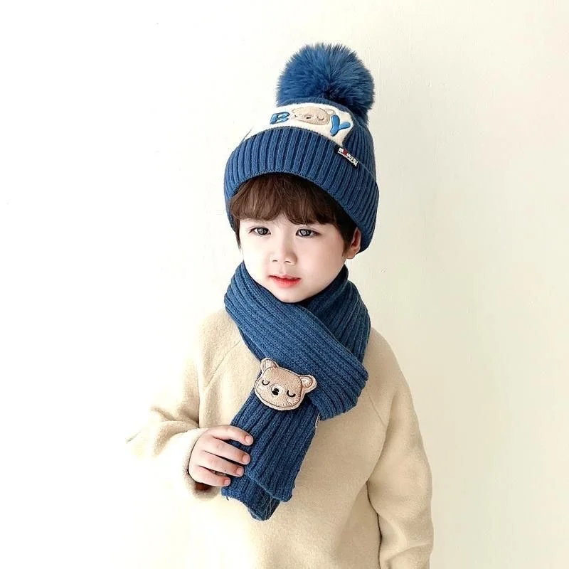 2Pcs/Set Baby Hat Scarf Cute Pompom Winter Woolen Knitted Warm Beanie Kids Boys Girls Cartoon Bear Crochet Cap Scarves