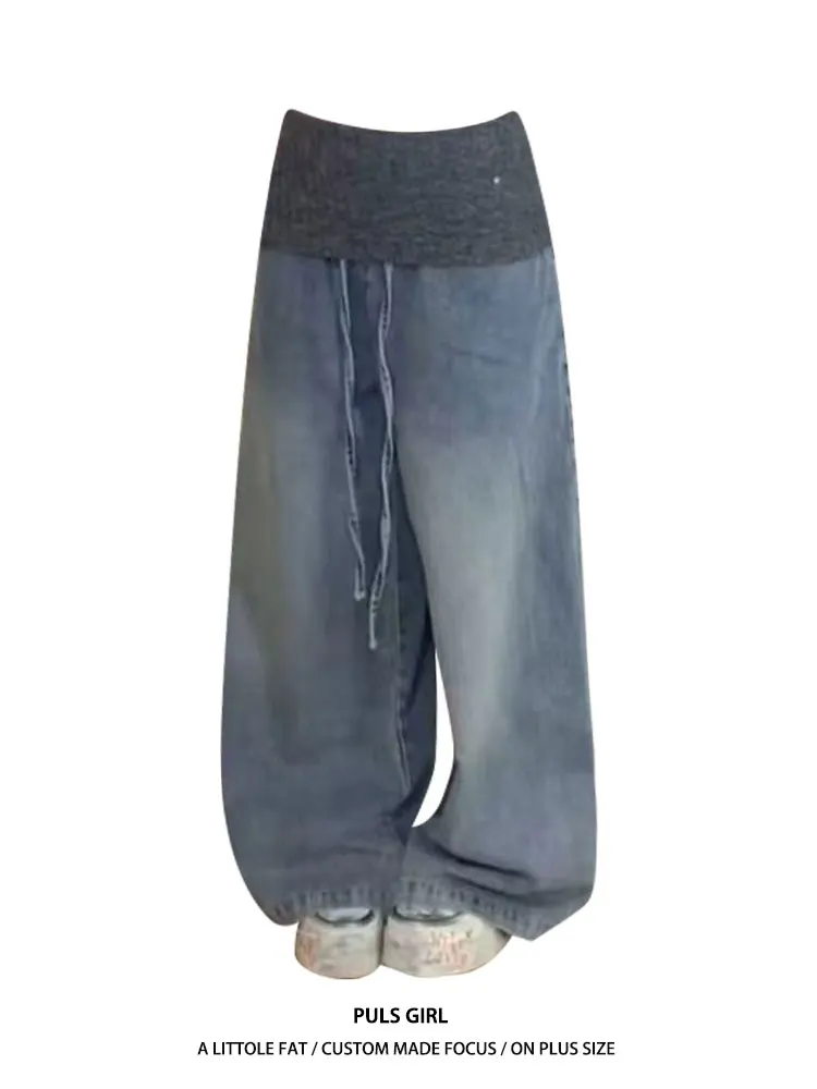 

Женские джинсы большого размера в американском ретро-стиле с эффектом потертости, с нашивками на поясе, свободные, широкие, в пол, с высокой талией, повседневные