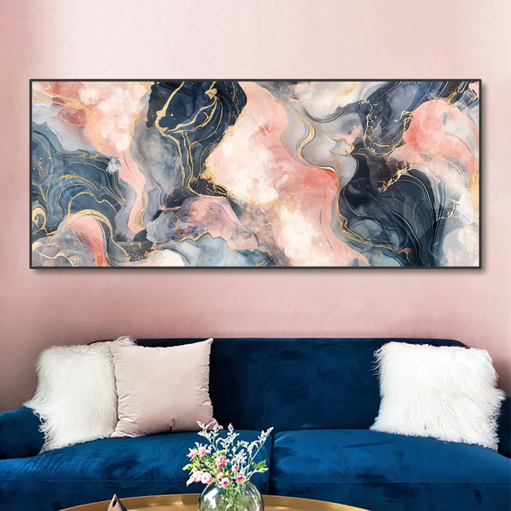 Big size Abstract Pink Ink Painting Wall Art Gold Foil Luxury Marble Texture canvas Poster Prints Pictures for Living Room Decor