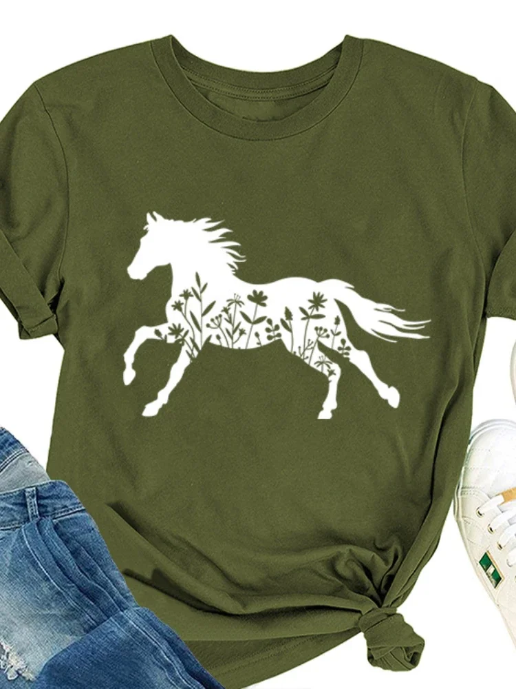 Wildflower Horse Print Women T Shirt Short Sleeve O Neck Loose Women Tshirt Ladies Tee Shirt Tops Clothes Camisetas Mujer