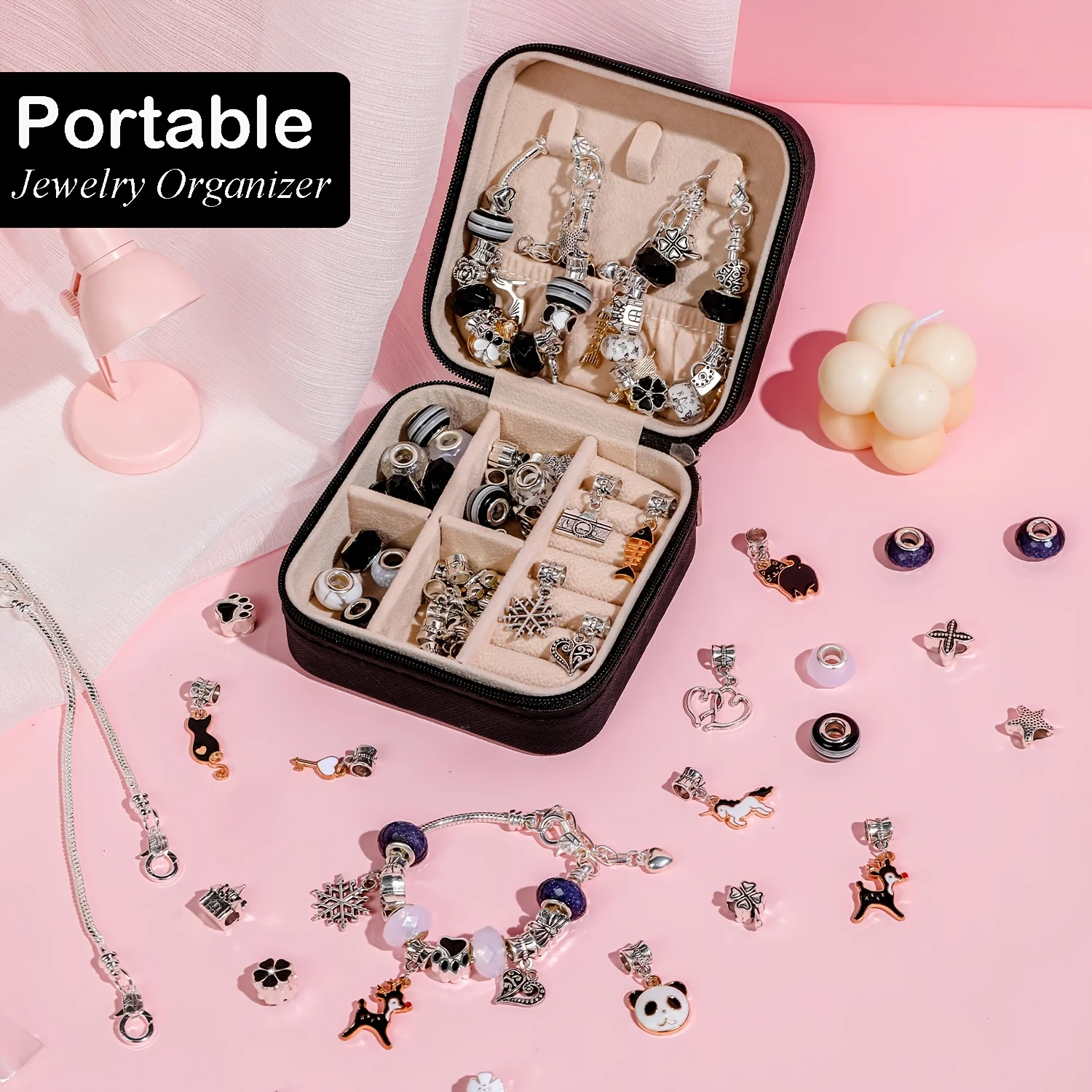 64Pcs Black Cat Panda Charms Arts Crafts Gifts Set Beading Kit with a Black Jewelry Box- Charms Bracelet Jewelry Making Kit, Bla