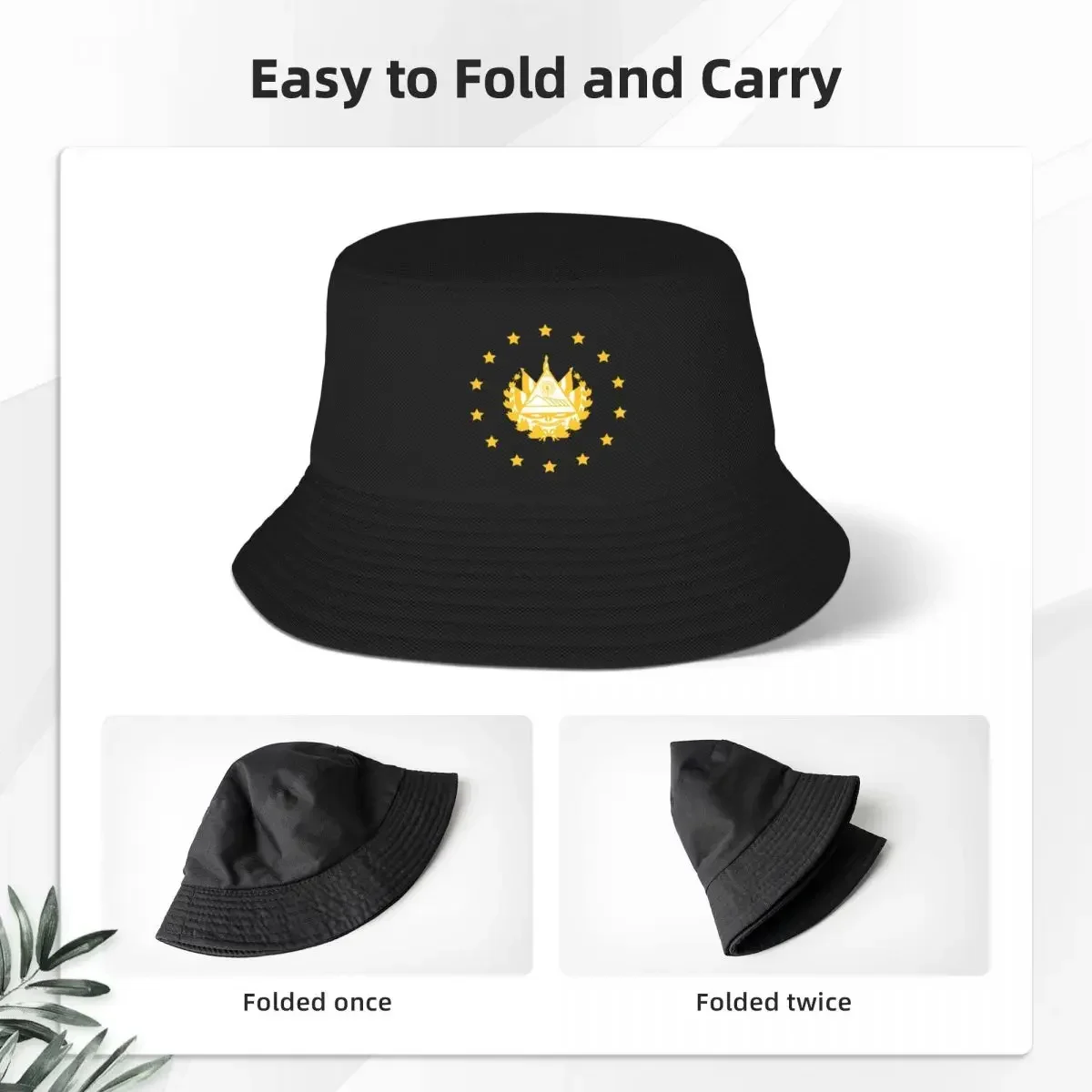 Escudo De El Salvador En Oro, Elegante Dorado Fondo Negro Bucket Hat Panama For Cool Fisherman Hats Summer Beach Fishing Caps