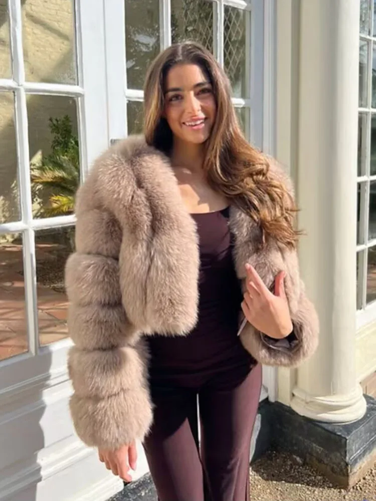 ZADORIN Luxe Cropped Witte Faux Vos Bontjas Vrouw Kleding V-hals Lange Mouw Winter Pluizige Nepbont Jas Bontjassen Vrouw