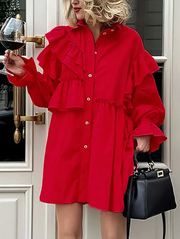 فستان قميص تينيا أحمر مكشكش للنساء 2026 ربيعي قطن كبير الحجم بأكمام طويلة وكشكشة فساتين قصيرة غير رسمية بسيطة 144024 #1