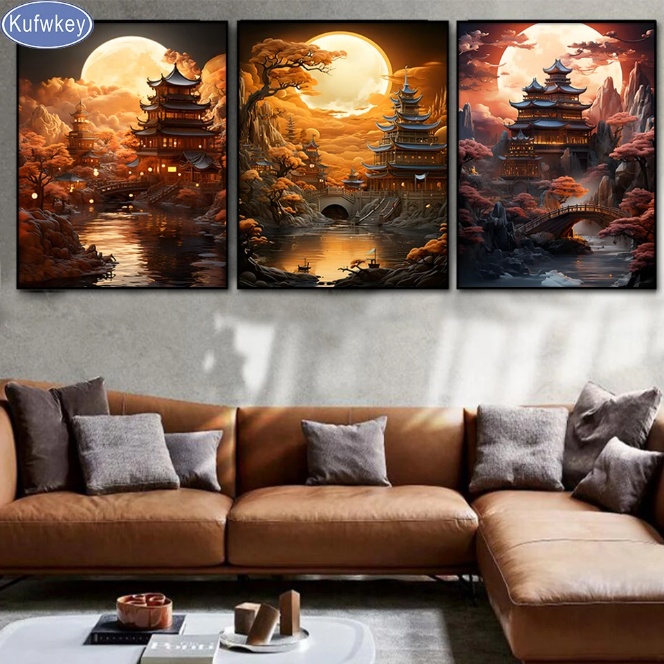 Triptych Crystal Diamond art Japanese Waterfall Temple Landscape full Square Diamond Painting 3 Pcs Diy Hoppy Home Decor