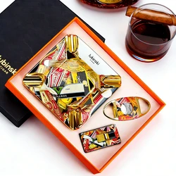 LUBINSKI Ceramic Cigar Ashtray Metal Butane Gas Torch Lighter Cutter Portable Cigar Set with Exquisite Gift Box for Smoking