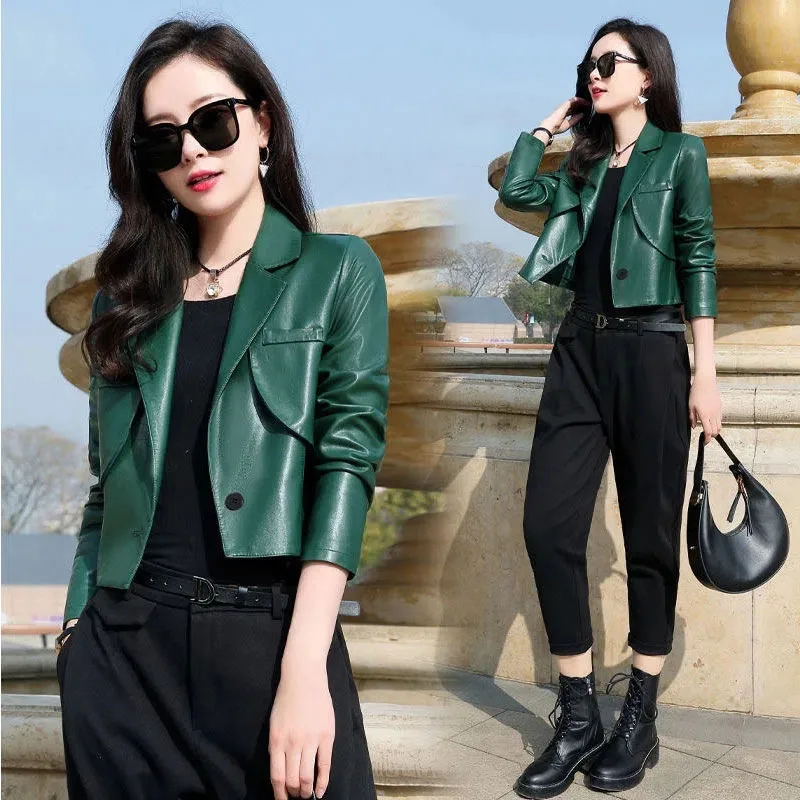 Green Black Leather Jacket Women\'s Clothes 2024 Spring Autumn New Chic Motorcycle Leathers Short PU Pi Suit Coat Female Korean V