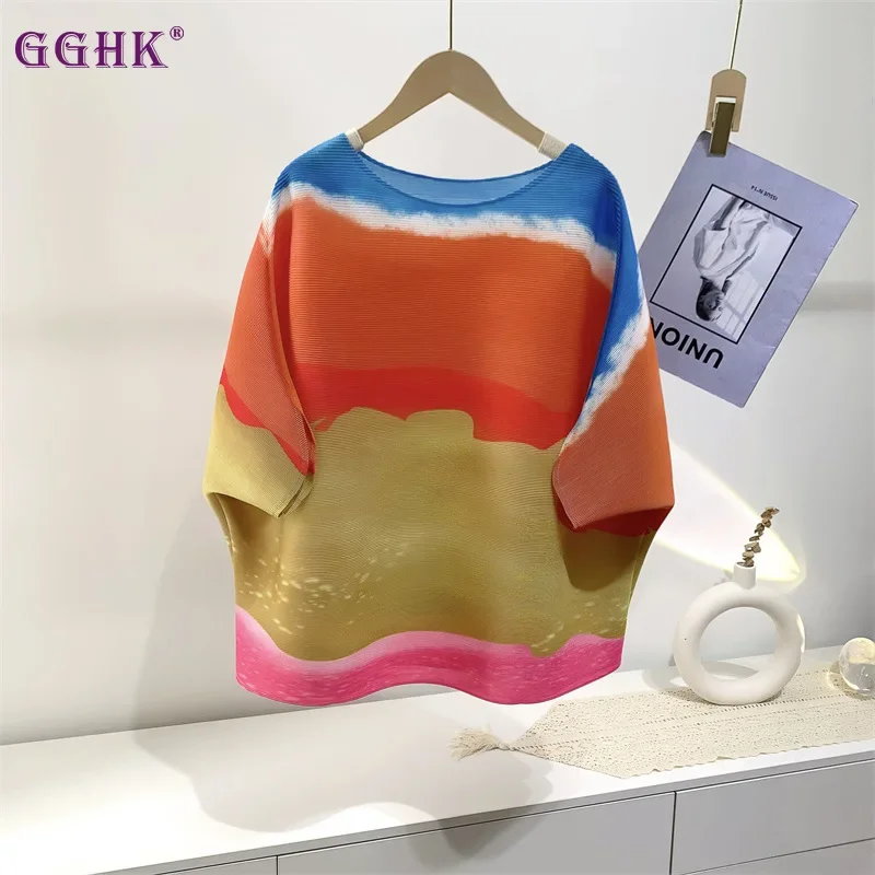 GGHK Pleated Women Printed T-Shirt Round Neck Bat Sleeve Design Fashion Casual Female Tops 2024 Summer New Women Clothes