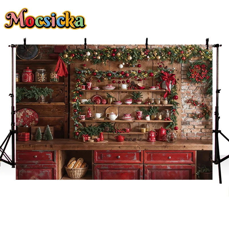 Mocsicka Winter Christmas Photography Background Red Kitchen Xmas Trees Child Family Portrait Decor Backdrop Photo Studio