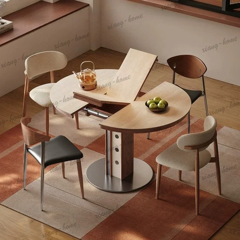 LSHome Modern Luxury Solid Wood Retractable Folding Dining Table Household Travertine Rock Slab Round Tables With 4 Chairs Plian