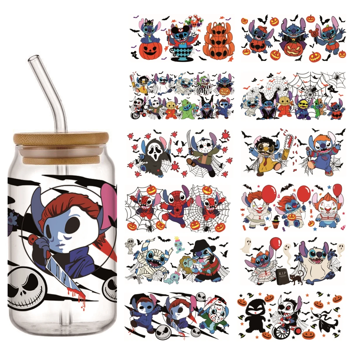 

Halloween Disney Stitch Transfer UV DTF Cup Wrap Sticker for 160z Libbey Glasses DIY Waterproof Sticker