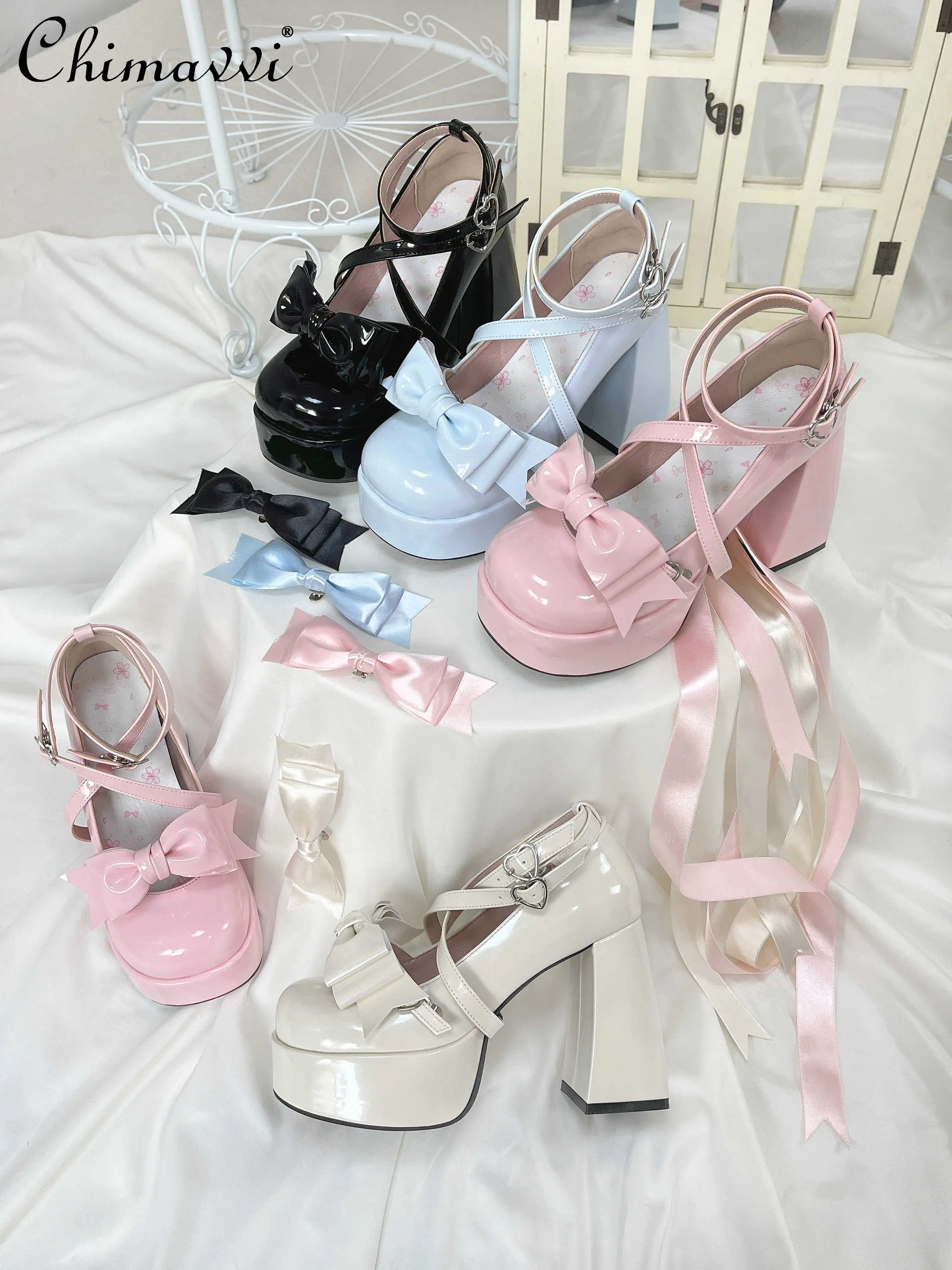 

Original Lolita Sweet Bow Elegant Mary Jane High Heels Girls Lady Japanese Style Platform Heels Women's Leather Shoes All Match