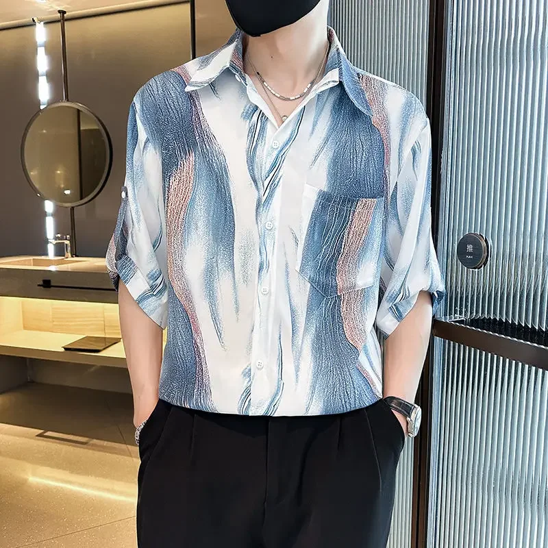 

Colourful Men's Shirt Half Sleeve with Pocket Tops Elegant Casual Button Up Sleeves Collar Vintage Aesthetic Silk Male Shirts