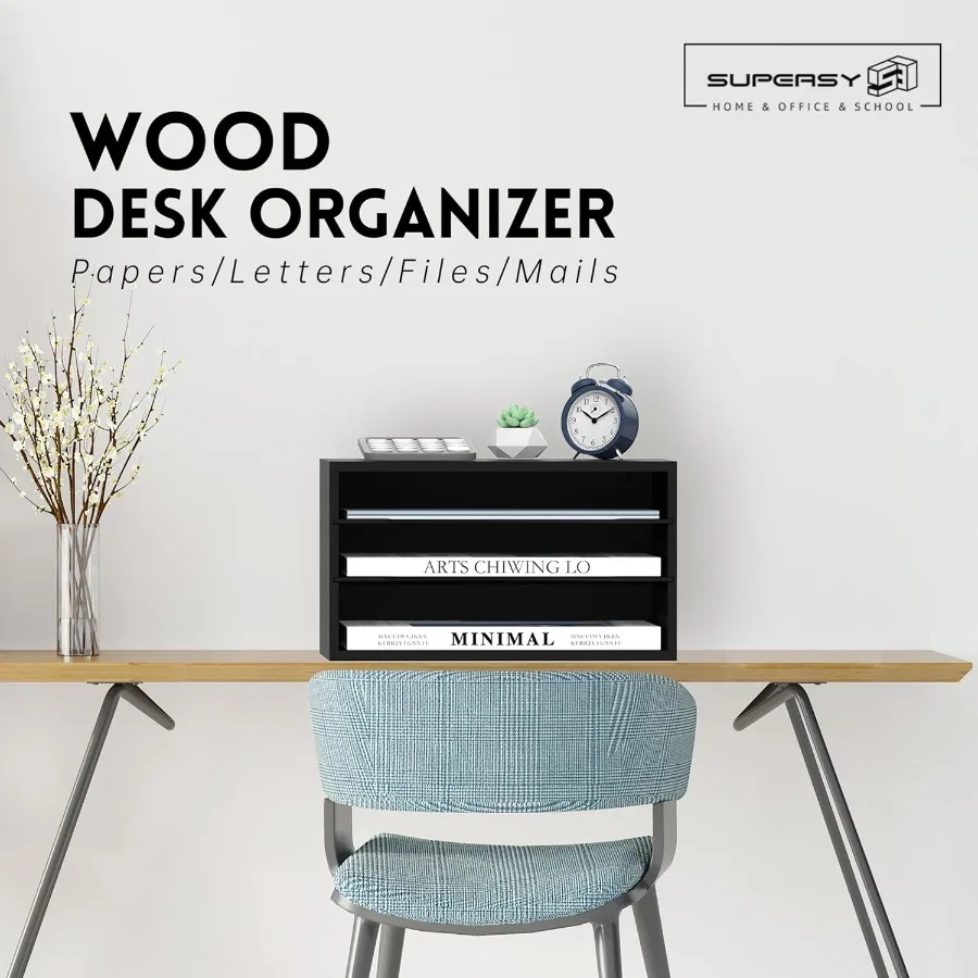 SUPEASY Organizador de escritorio de madera - Organizador de archivos de papel de 3 niveles para oficina, escuela y uso doméstico, negro - Solución de almacenamiento eficiente con