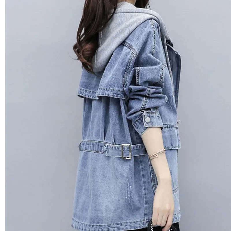 2024 Spring and Autumn New Hooded Denim Jacket Female Mid-Length Student Korean Loose Windbreaker Coats Clothes Woman Jacket