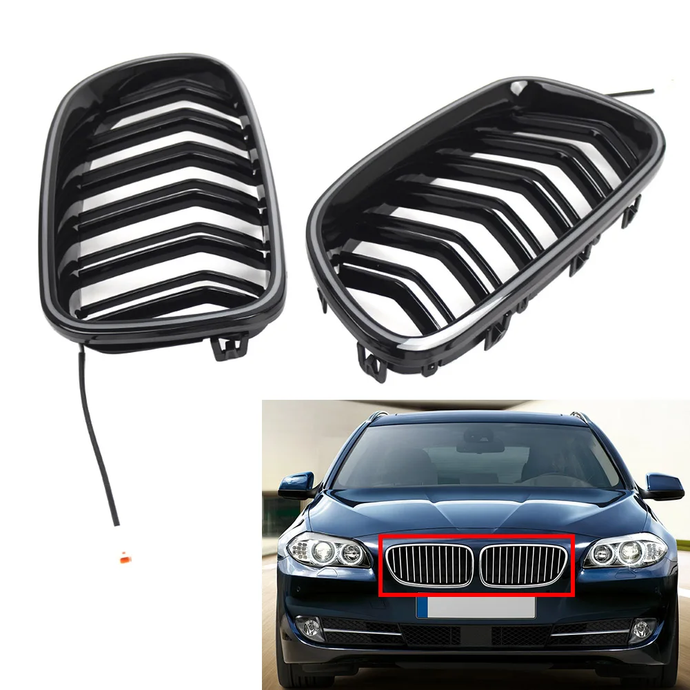 1 Pair Front Kidney Grille Double Slat Grill With Light Strip For BMW 5 Series F10 F11 2010-2016 Not For Model with Night Vision