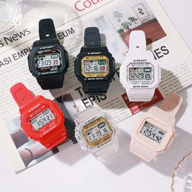 Dopamine kleurbotsing klein vierkant horloge voor dames, nieuw model voor middelbare scholieren en middelbare scholieren, waterdichte elektron