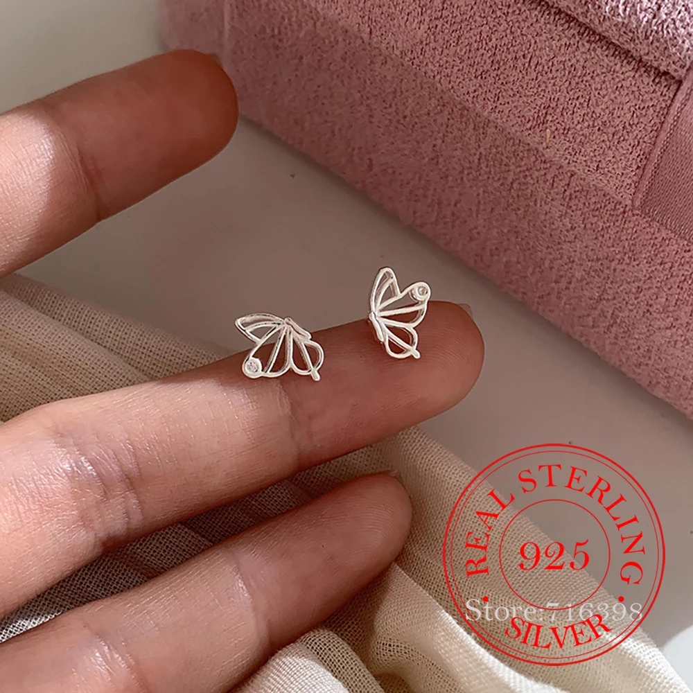 

925 Sterling Silver Jewelry Delicate Asymmetrical Butterfly Stud Earrings for Women Wedding Party Jewelry For Girls Friend Gift