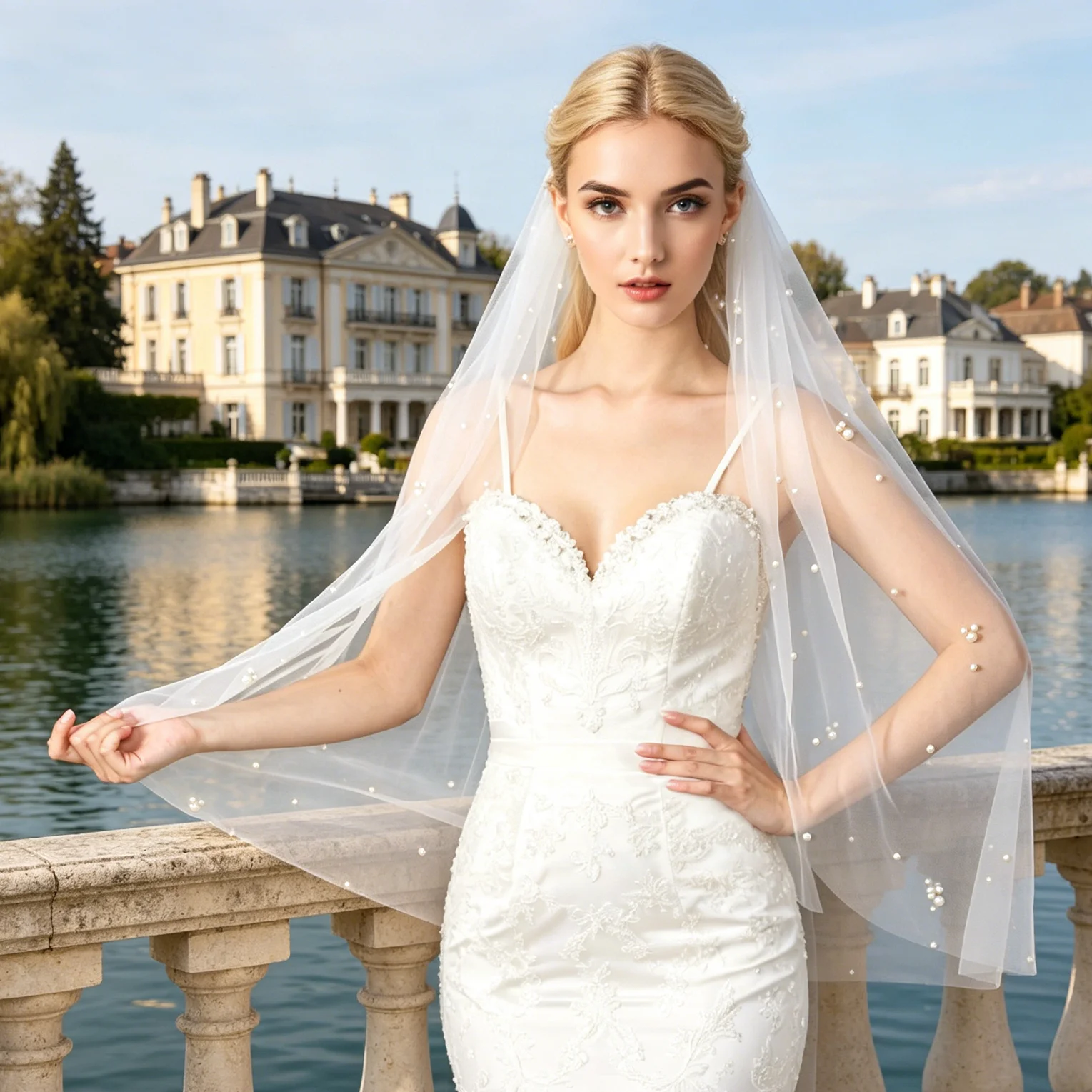 Modern Romantic Bridal Veil with Pearls Adorned Light Luxury Wedding Headpiece Elegant Bride Accessory for Church Ceremony G130
