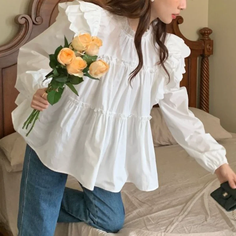 Baggy Blouses Women Ruffles Vintage Sweetheart Spring French Stylish Solid Designed All-match College Leisure Fashion Clothing